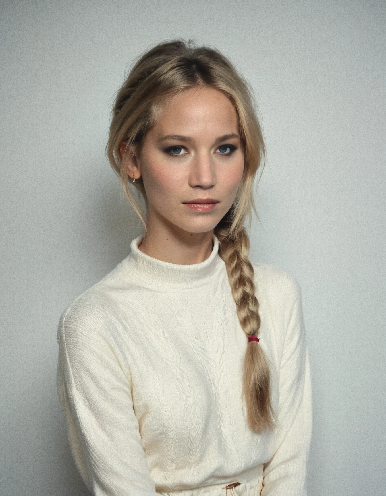 score_9, score_8_up, score_7_up, ohwx, 1girl, realistic, photo \(medium\), sweater dress, single braid, <lora:CrunchyBanana_PONY_DORA_Jennifer_Lawrence V2:1>, solo focus, blonde, simple background, rating_safe