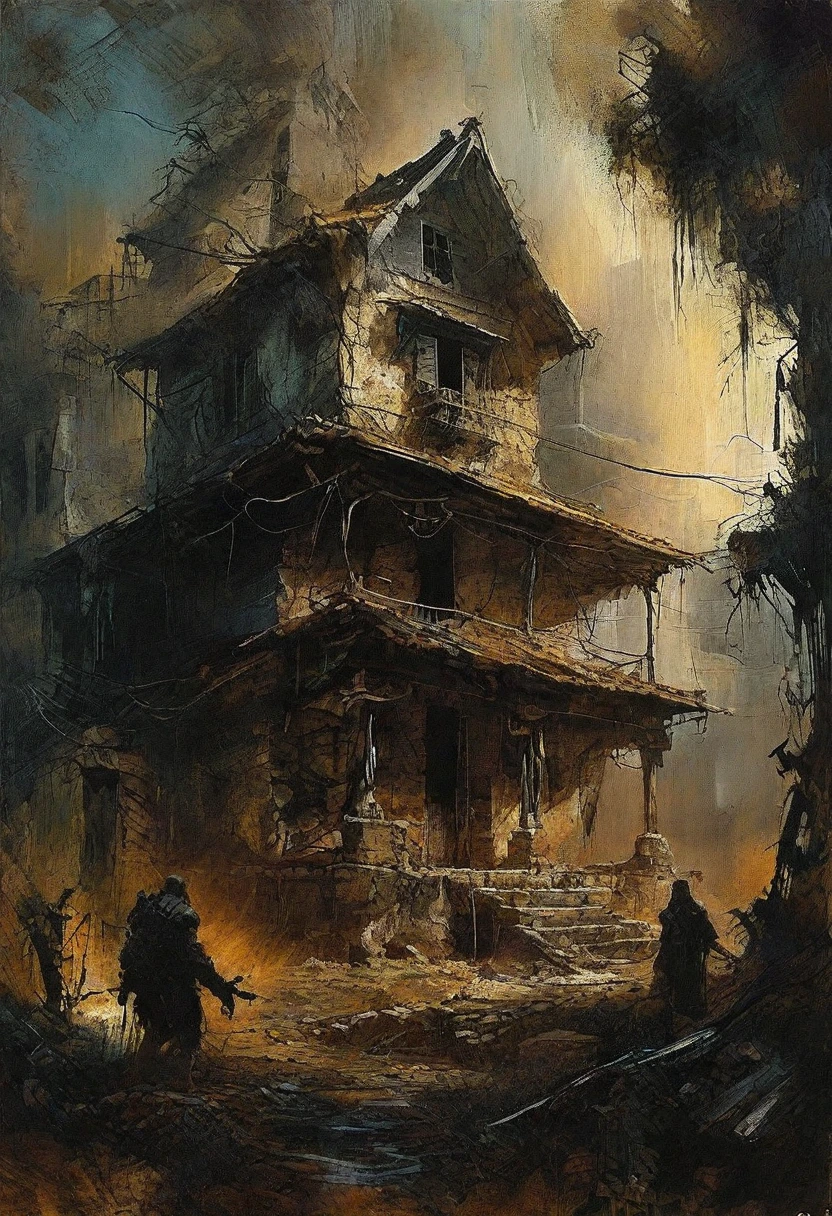 art by Antonio J Manzanedo.
A dark fantasy scene set in an abandoned rural village.
in the style of H.R.Geiger
DnD_Inkyboyz, inky, grainy, noise,