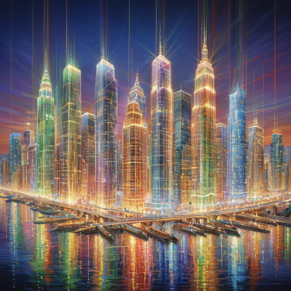 masterpiece, best quality,  <lora:add-detail-xl:1>   <lora:ArsMorph_-_World_of_Light_-_SDXL:1> arsworldoflight A cityscape at twilight, buildings constructed from beams of colored light. Skyscrapers pulse with internal energy, their edges blurring into the luminous sky.