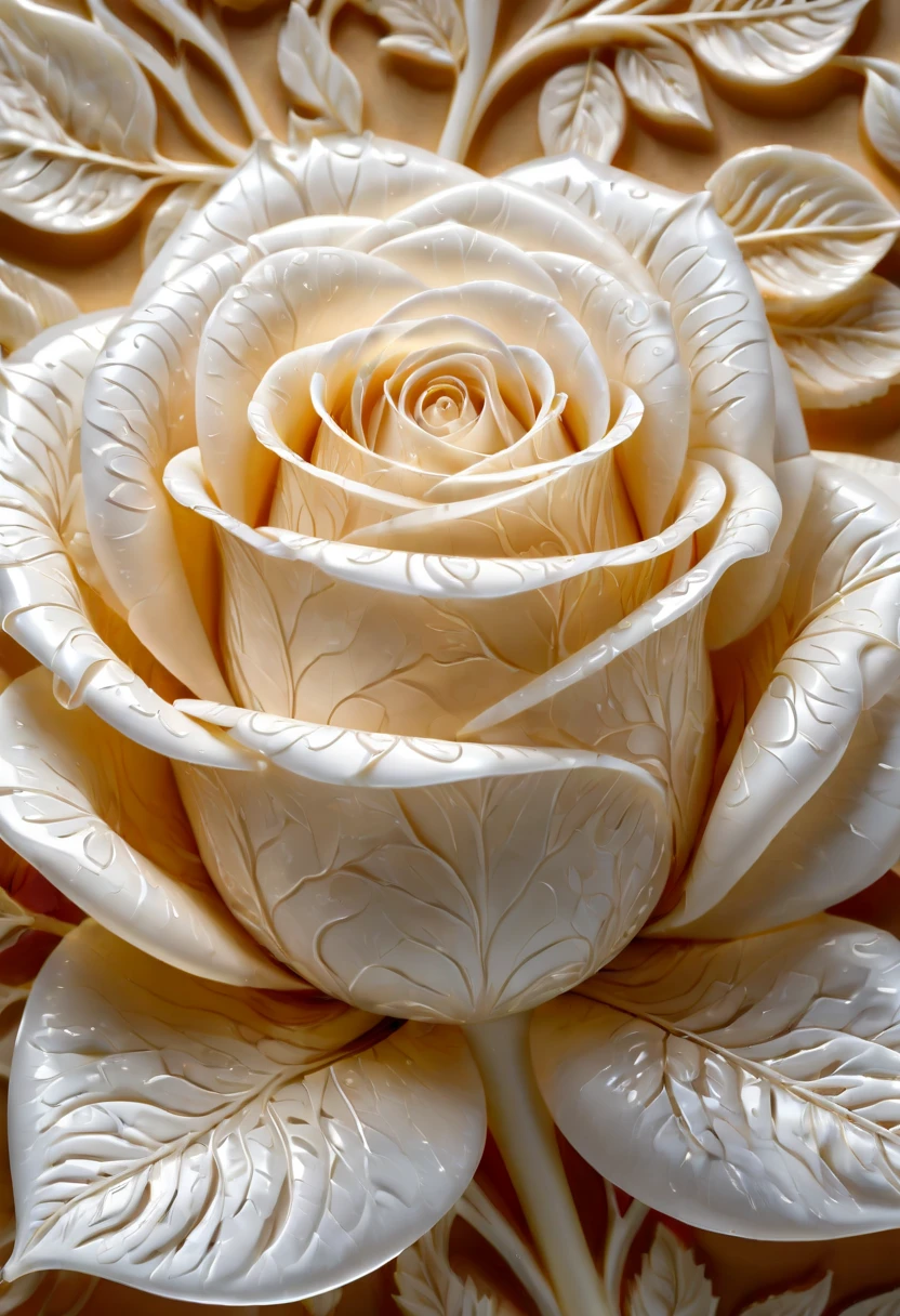 ivory_carving_style, beautiful picture of a rose, closeup, made out of delicate and fragile fine original ivory material, whole body, masterpiece, flawless, elegant, vibrant details, (expansive view:1.4), (clear outlines:1.4), (ultra detailed:1.4), 64K, (high contrast:1.4), award winning, stunning, beautiful composition, clean sharp focus, SFW, realistic