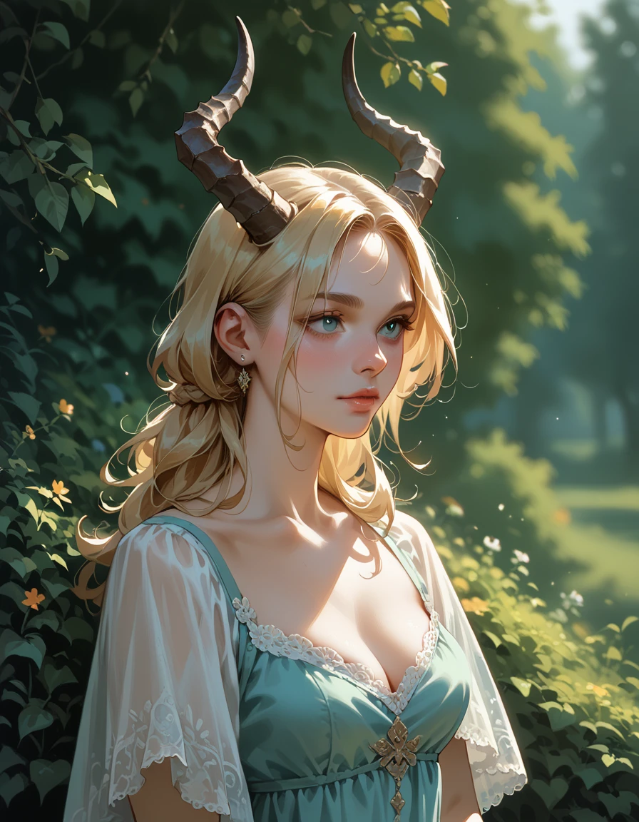 score_9, score_8_up, score_7_up, score_6_up, score_5_up, score_4_up, solo,1girl, blonde hair, dress, horns, <lora:africanimpala:0.6>, outdoors, upper body