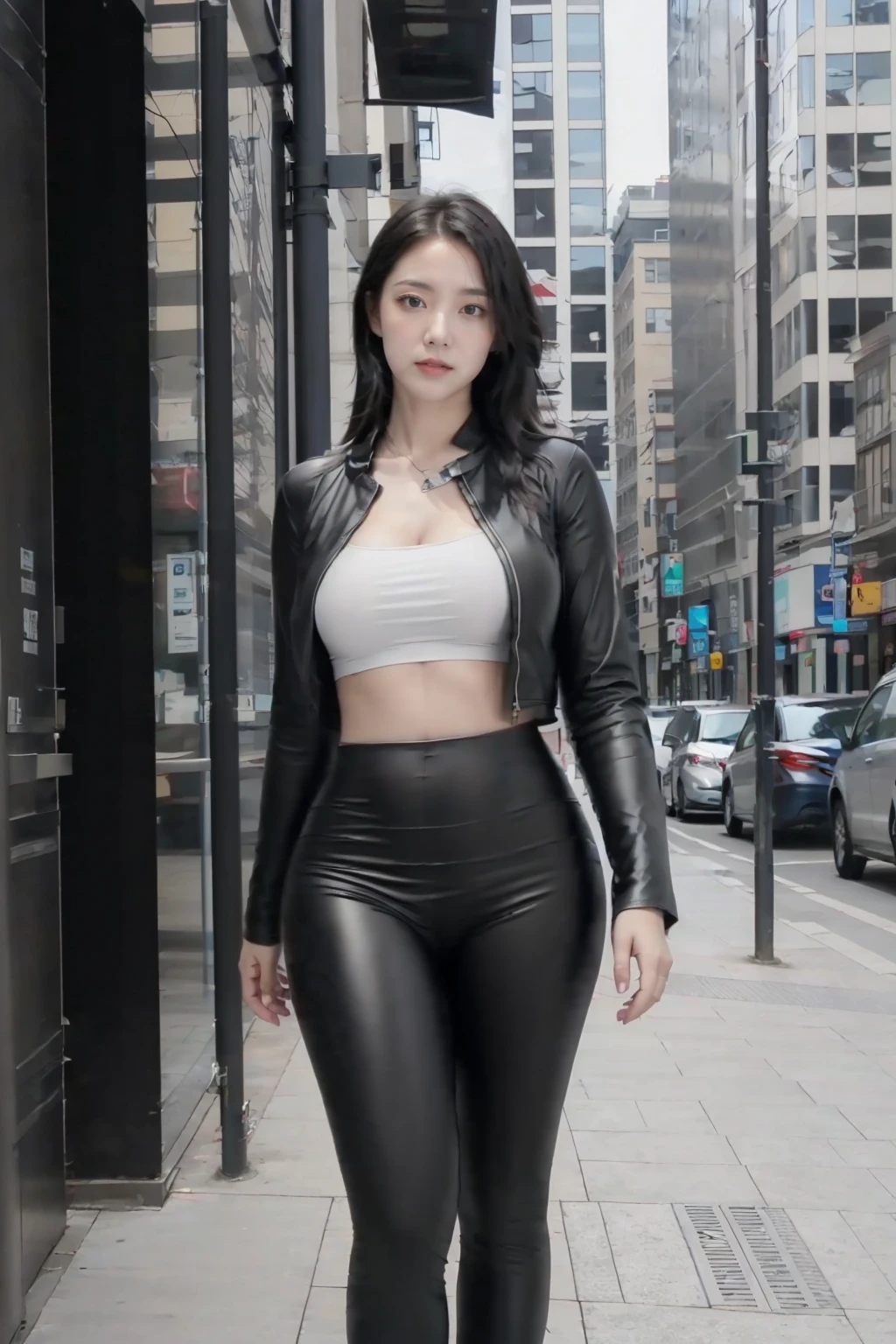 Realistic,best quality,masterpiece,8K,HDR,RAW,A pretty girl,seductive expression,charming,sex,1girl,((solo)),(standing),huge breasts,(street,city,skyscraper),full body,(looking at viewer,),bodice,cropped_jacket,<lora:ENNE é»è²ç´§èº«è£¤_v09:1>,black leggings,