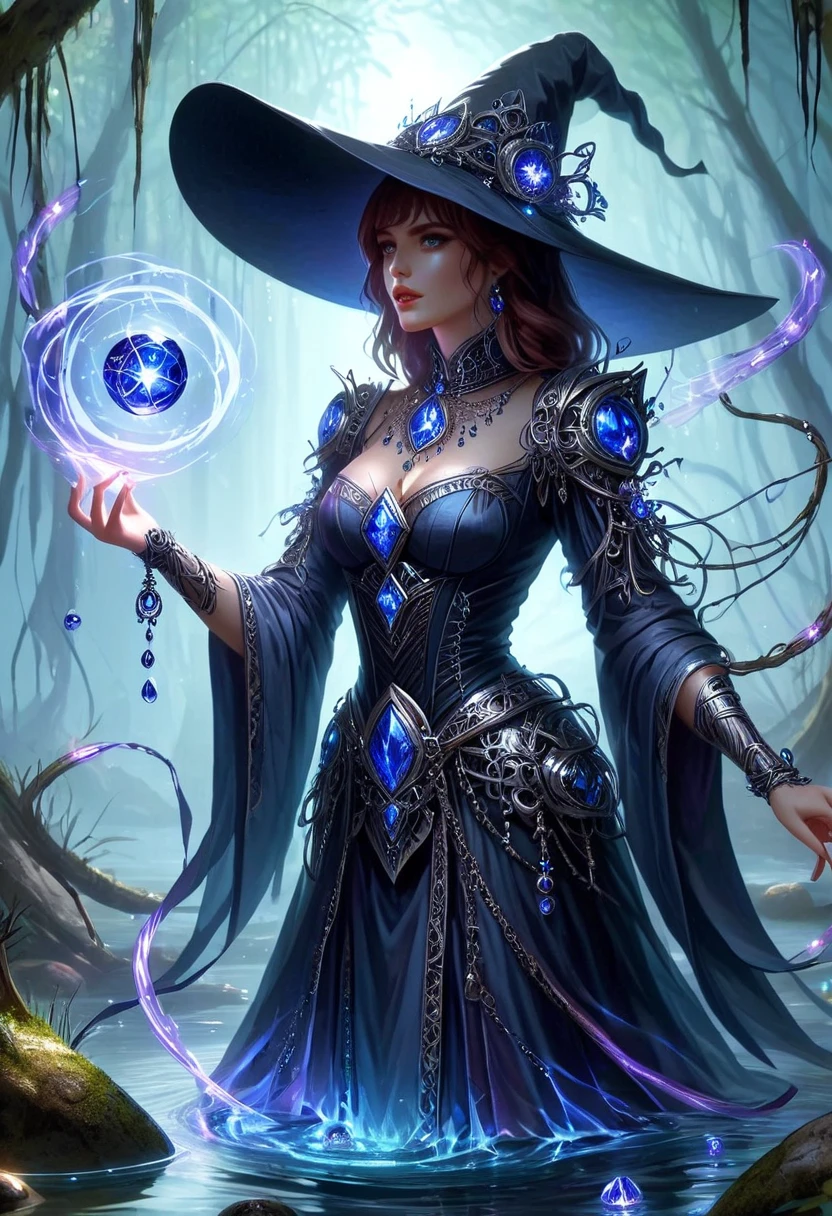 a witch wearing a robe with blue gems and silver wire, performing a spell in a swamp