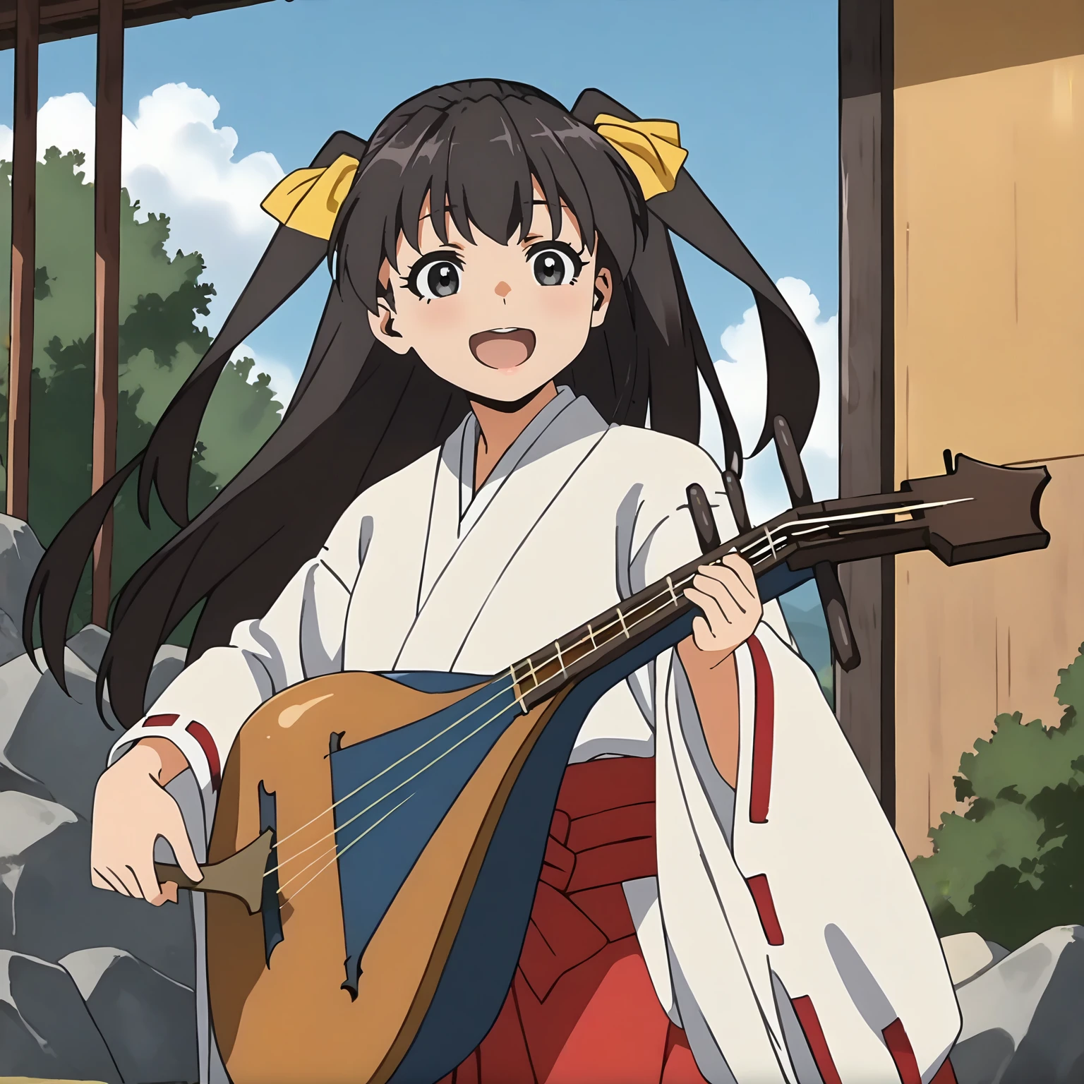 <lora:TES_HikaruXLpony002>,
smile,open mouth,
solo,
Hikaru,1girl,black brown hair,two -side up,hair ribbon,long hair,black eyes,
miko,japanese clothes,ribbon-trimmed sleeves,
red hakama,
outdoors,
standing,
biwa lute,
musical instrument strap,
playing instrument,
plectrum,