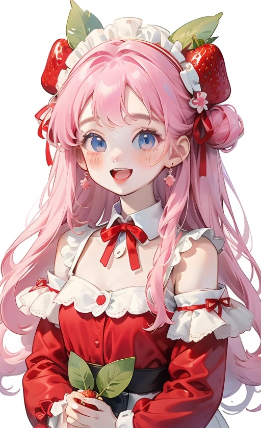 1girl, solo, long hair, looking at viewer, blush, smile, open mouth, bangs, blue eyes, simple background, hair ornament, long sleeves, white background, dress, ribbon, holding, bare shoulders, jewelry, hair ribbon, upper body, pink hair, :d, earrings, frills, detached sleeves, food, teeth, hair bun, parted bangs, maid headdress, double bun, detached collar, fruit, leaf, watermark, red dress, holding food, blue ribbon, strawberry, holding fruit,