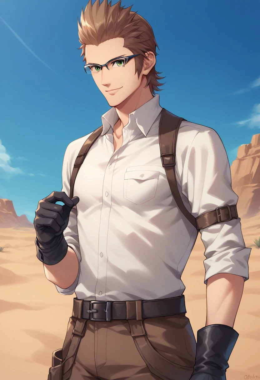 score_9, score_8_up, score_7_up, source_anime, highly detailed, 
ignisxv, 1boy, solo, male focus, glasses, brown hair, gloves, green eyes, shirt, black gloves, belt, smile
outdoor, desert, sky,