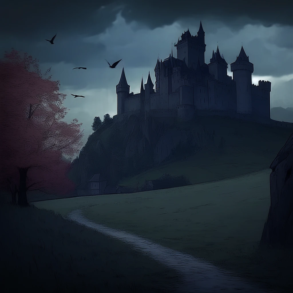 Landscape, castle in the background, ominous, no people