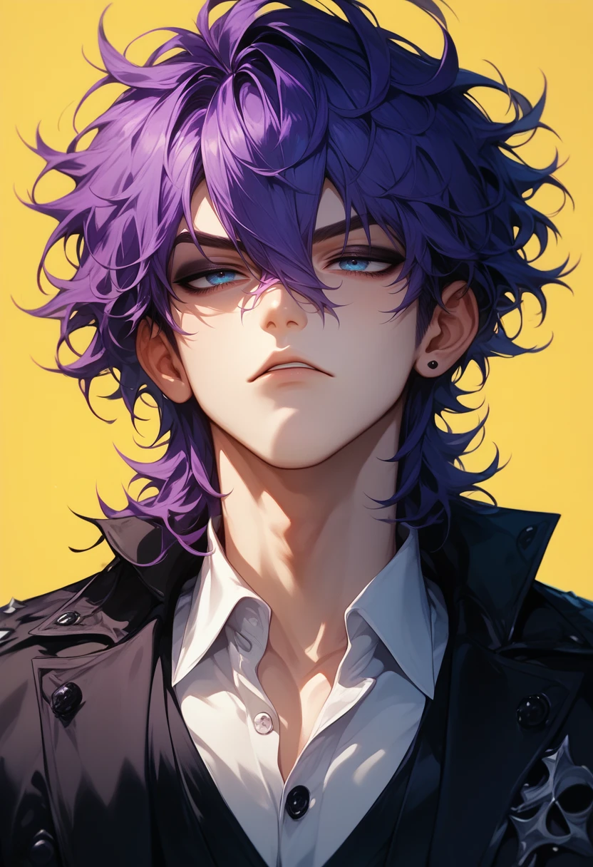 (score_9, score_8_up), score_7_up, 1boy, bishounen, purple hair, hair in between eyes, emo, mouth slightly open, eyeliner, white button up, simple background, shaggy hair, bored expression, blue eyes, yellow background, black vest
<lora:luv-000008:1>