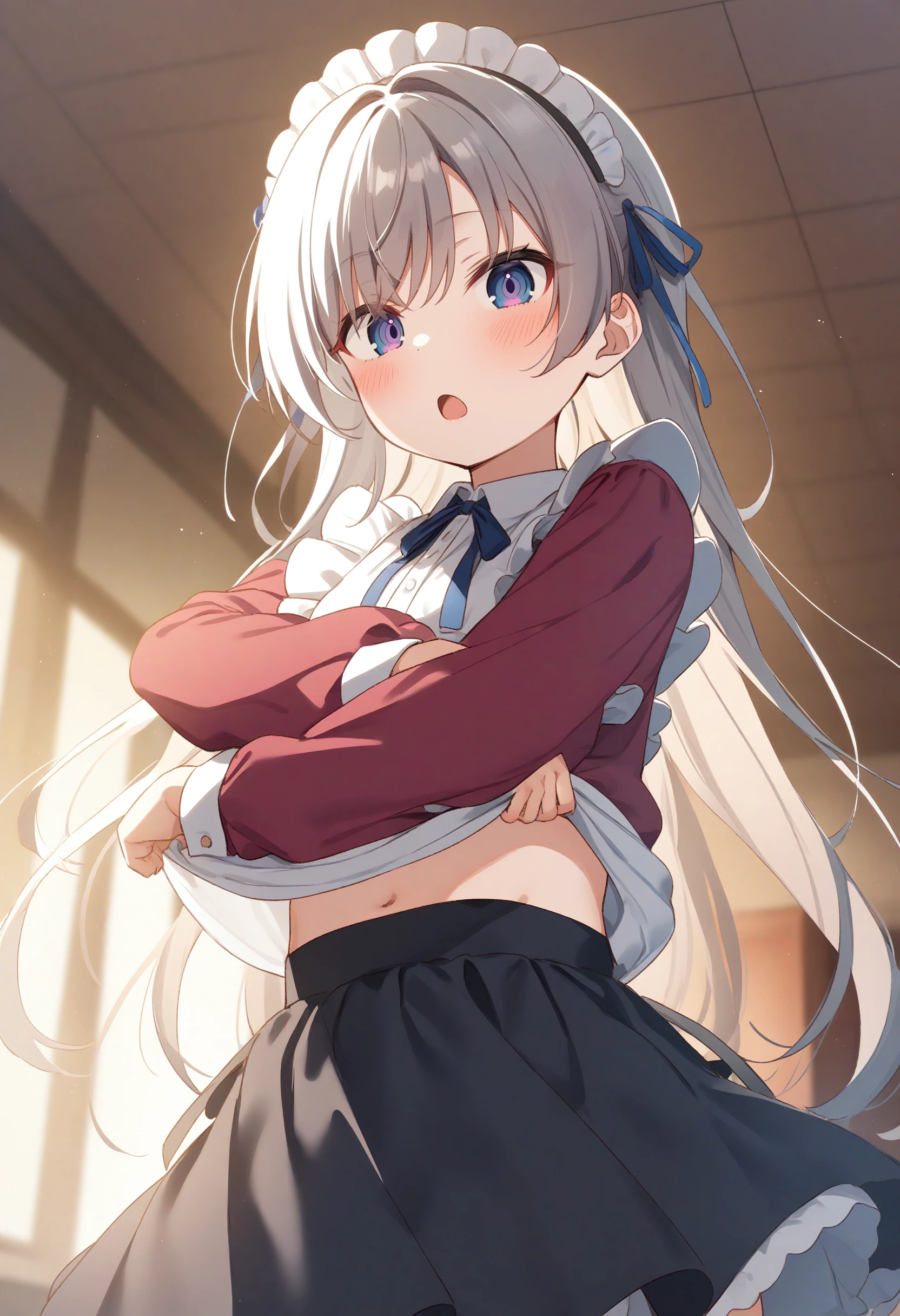 1girl,sincos, ningen mame, toosaka asagi,solo,medium breasts,20yo,maid,maid headdress,
skirt, navel, blush, undressing, shirt lift, clothes lift, lifted by self, crossed arms,
ceiling, fisheye lens, looking at viewer, white hair, purple eyes,expressionless, casino, open mouth, front ponytail hair,,
best quality, very aesthetic, absurdres <lora:undressing_XL_v1:0.8>