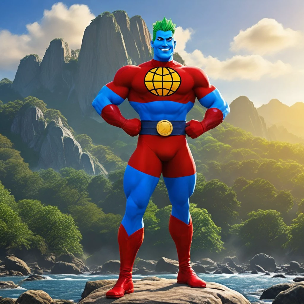 captainplanet, standing on a rock, victory pose, strong, close up portrait, high detailed, smiling+, (high detailed face)