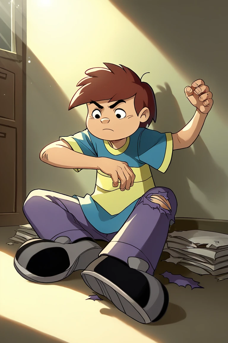 score_9, score_8_up, score_7_up, source_anime, kevin_whitney, brown hair, striped shirt, 1boy, torn clothes, pants, black eyes, indoors, sitting, male focus, BREAK
seated pose, (emphasis on hands:1.2), (soft focus:1.1), (warm lighting:1.2), (muted color palette:1.1), (relaxed expression:1.0)

solo