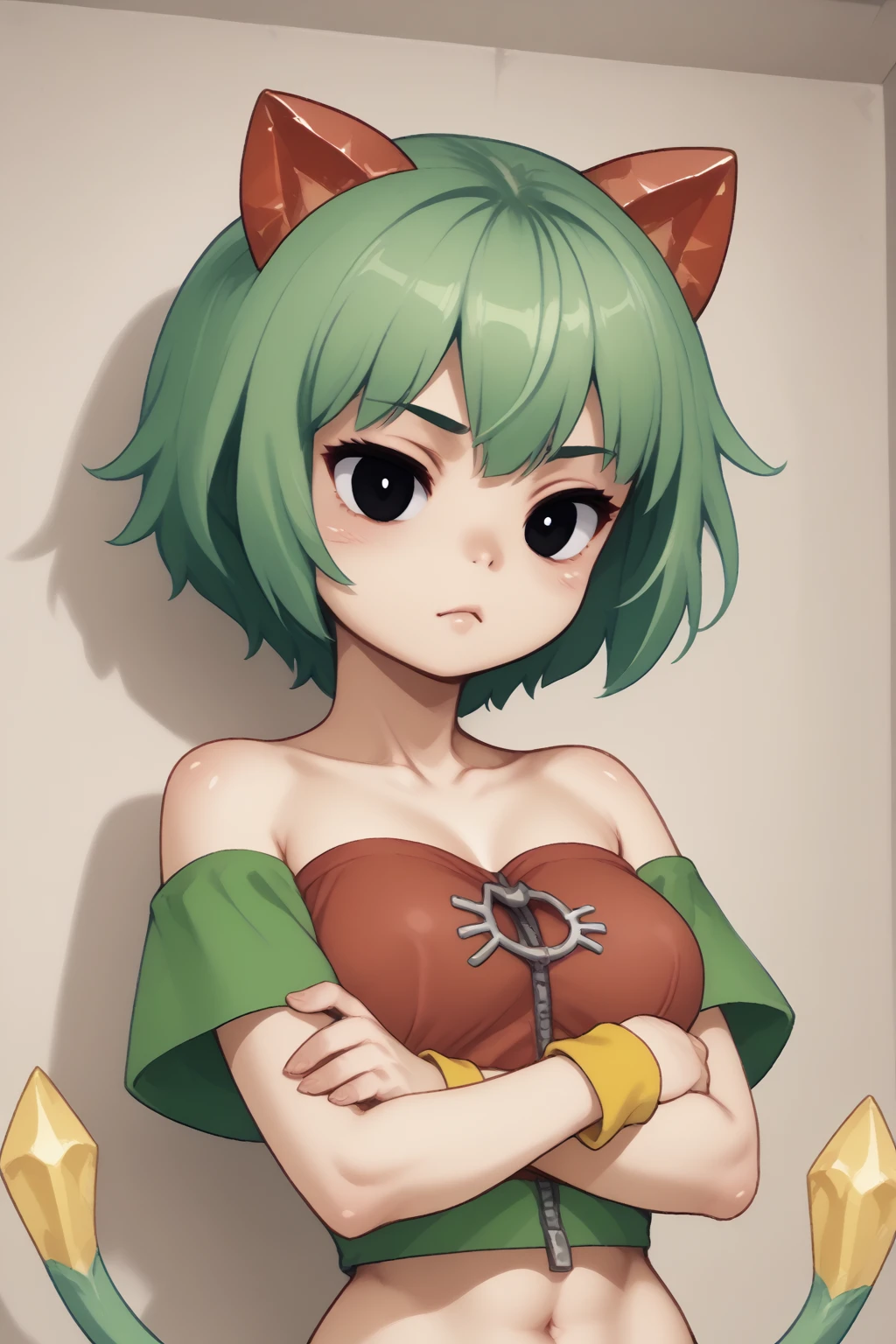 score_9, score_8_up, score_7_up, score_6_up, Tira, 1girl, breasts, crystal ears, cat ears, green hair, short hair, black eyes, two tails, yellow wristband, bare_shoulders, collarbone, strapless, red shirt, crop top, cat zipper, short sleeves, indoors, :(, upper body, crossed_arms, (lips:0.7),