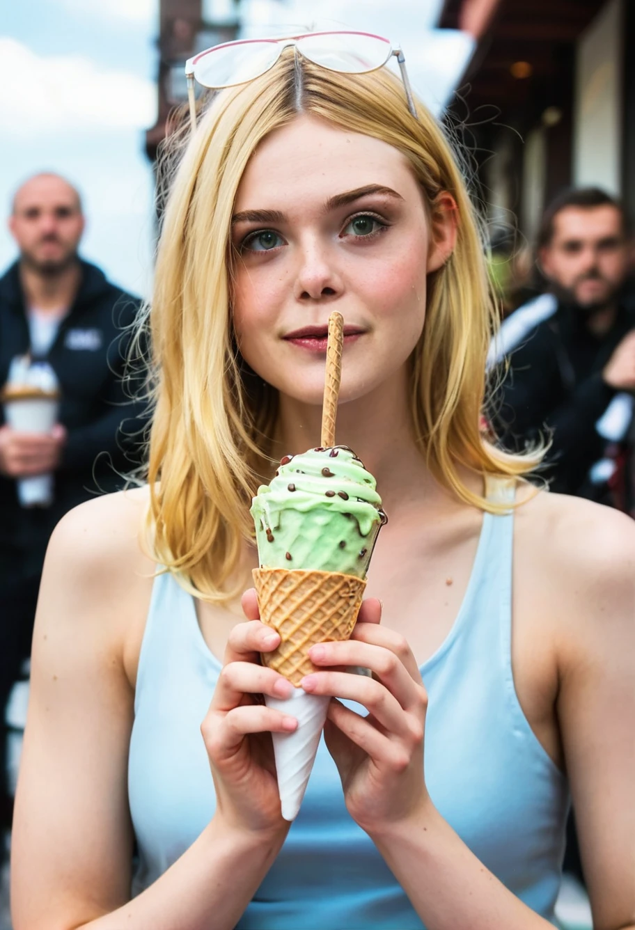 ,score_9,score_8_up,score_7_up, 1girl,blonde,desaturated green eyes,detailed face, looking at viewer,elleFanning,outdoors,sunny,detailed skin, wearing a tank top,holding an ice cream,cute, <lora:elleFanning:1>