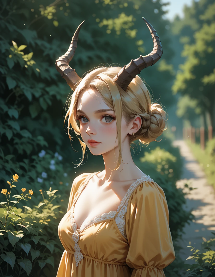 score_9, score_8_up, score_7_up, score_6_up, score_5_up, score_4_up, solo,1girl, blonde hair, dress, horns, <lora:africanimpala:0.6>, outdoors, upper body