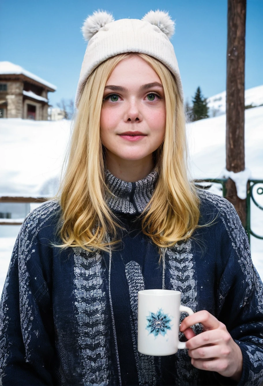 ,score_9,score_8_up,score_7_up, 1girl,blonde,desaturated green eyes,detailed face, looking at viewer,elleFanning,outdoors,snowy,detailed skin, wearing a sweater and winter hat,cute, <lora:elleFanning:1>