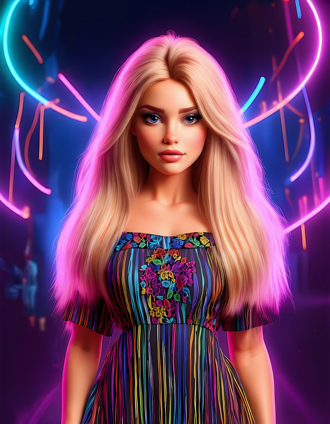 (best quality, 4K, 8K, high-resolution, masterpiece), ultra-detailed, realistic, photorealistic, portrait of a beautiful woman, long blonde hair with intricate patterns, tan skin, standing in front of colorful neon lights, psychedelic patterns, flowing hair, dress with detailed embroidery on the chest, light stripes, vibrant colors, intricate details, expressive eyes, high detail, high resolution, dynamic composition, modern style, ethereal atmosphere, soft lighting.