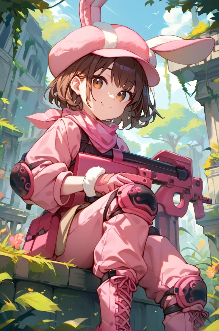 score_9, score_8_up, score_7_up, source_anime, 
forest, ruins,
cowboy shot, light smile, sitting, lookging at viewer,
<lora:llenn_autismConfetti_v01:0.95>llennbase, animal hat, pink headwear, brown hair, brown eyes, short hair, fur-trimmed gloves, pink jacket, long sleeves, pink pants, cross-laced footwear, rabbit hat, elbow pads, knee pads,
holding gun, p-chan, p90 submachine gun,, zPDXL