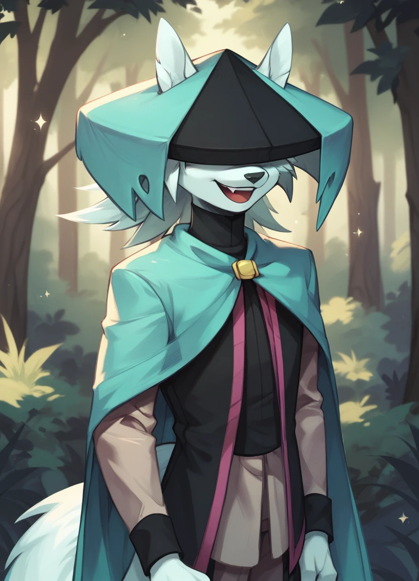 score_9, score_8_up, score_7_up, score_6_up, (du57aet, anthro, tail), ((male focus, 1boy, solo)), male, half-length portrait, hat over eyes, hat, cape, vest, laughing, forest background <lora:Dust_Elysian_Tail_for_Pony:0.9>