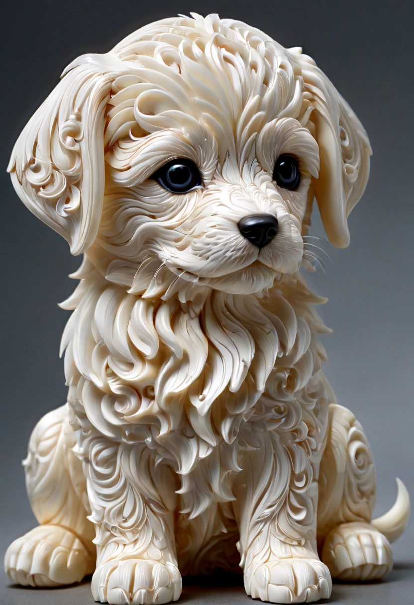 ivory_carving_style, beautiful picture of a puppy, closeup, made out of delicate and fragile fine original ivory material, whole body, masterpiece, flawless, elegant, vibrant details, (expansive view:1.4), (clear outlines:1.4), (ultra detailed:1.4), 64K, (high contrast:1.4), award winning, stunning, beautiful composition, clean sharp focus, SFW, realistic