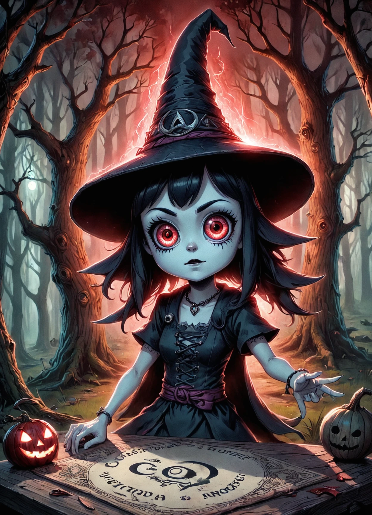 DonMP3rs0n4t3d1t3msXL, mysterious woods, shadowy, ouija boards, witch's hat,blood-red lighting, creepy doll art with eyes <lora:DonMP3rs0n4t3d1t3msXL:1>