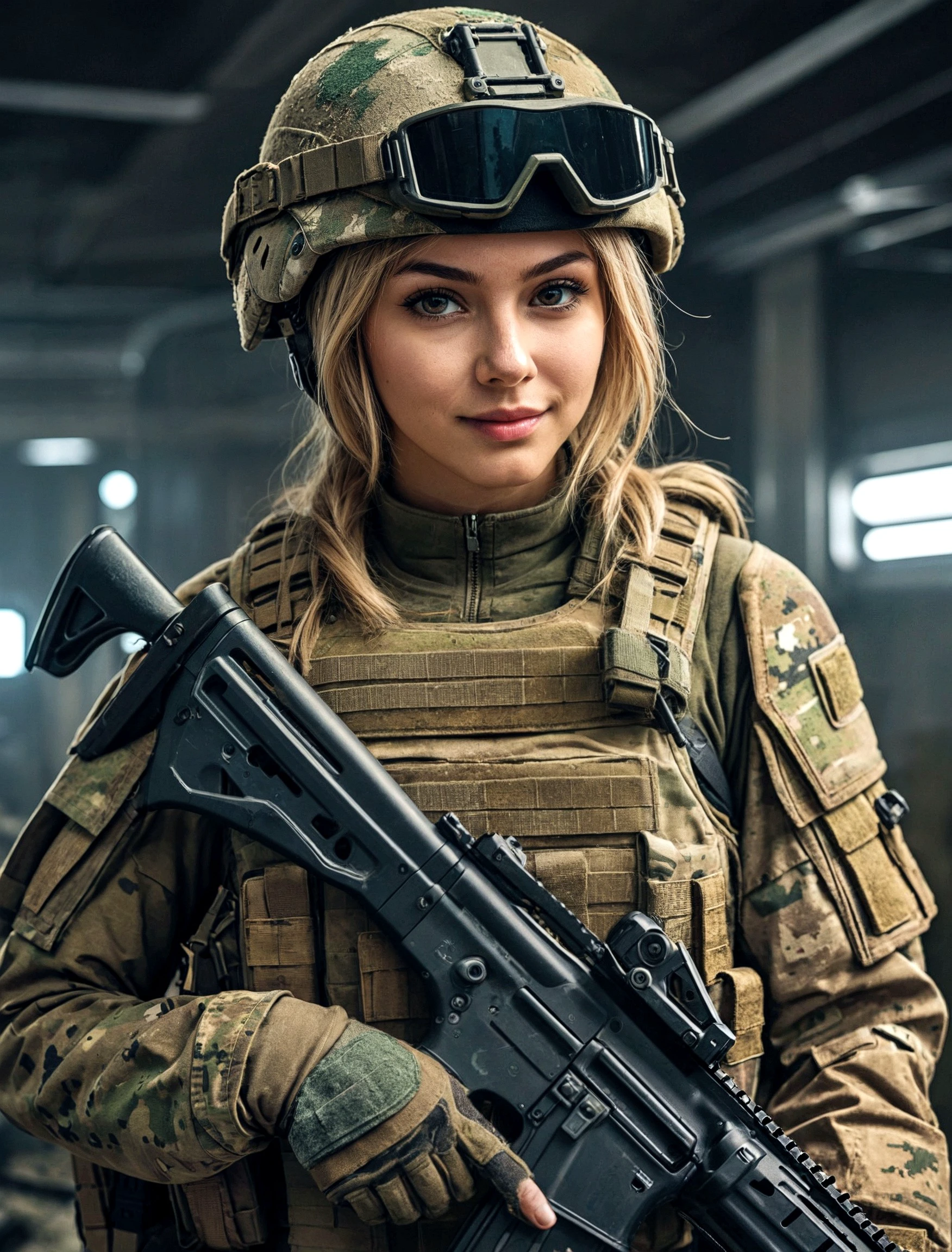 cinematuic photo, best quality, HDR, soldier girl, , holding an assault rifle military armor, ratnik, kevlar helmet, cammo paint, (cyberpunk:0.8), gritty, dirty, clutter, film grain, <lora:more_details:1> . anime style, key visual, vibrant, studio anime, highly detailed ((medium boobs)), smiling. 4k, 8k ,UHD