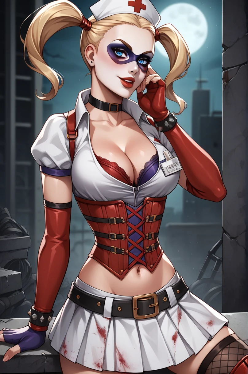 score_9, score_8_up, score_7_up, score_6_up, source_anime, BREAK masterpiece,  <lora:ArkhamAsylumHarley:0.9>,  HQArkhamAsylum, asymmetrical clothes, nurse cap, face paint, twintails, cleavage, bra, domino mask, corset, puffy sleeves, navel, asymmetrical thigh boots, fingerless elbow gloves, white skirt, hand on own face,, breasts, seductive smile, open mouth, hospital, abandoned, ruins, night, upper body,  blue eyes, close-up