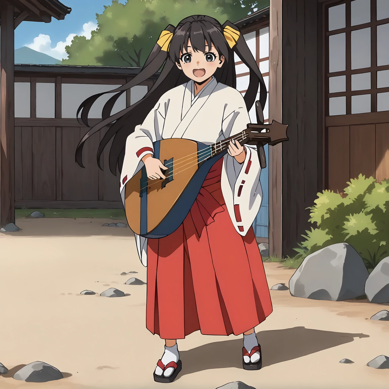 <lora:TES_HikaruXLpony002>,
smile,open mouth,
solo,
Hikaru,1girl,black brown hair,two -side up,hair ribbon,long hair,black eyes,
miko,japanese clothes,ribbon-trimmed sleeves,
red hakama,
outdoors,
full body,standing,
biwa lute,
musical instrument strap,
playing instrument,
plectrum,