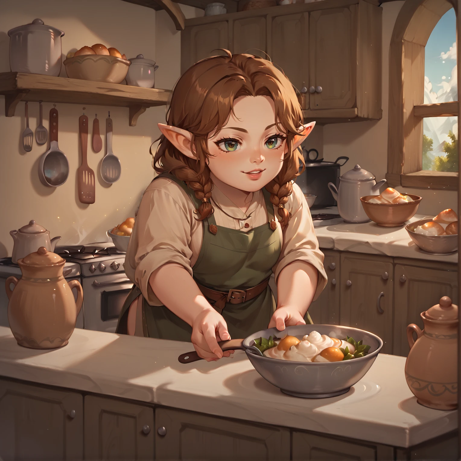 1girl, brown hair, holding bowl, pointy ears, kitchen,  <lora:Halflings_Pony_XL:1>, halflings, hobbits, BREAK score_9, score_8_up, score_7_up, best quality, masterpiece, 4k, prefect lighting, very aesthetic, anime, zPDXL2, <lora:IriaStylePony:0.8>, IRIaStyle, chibi