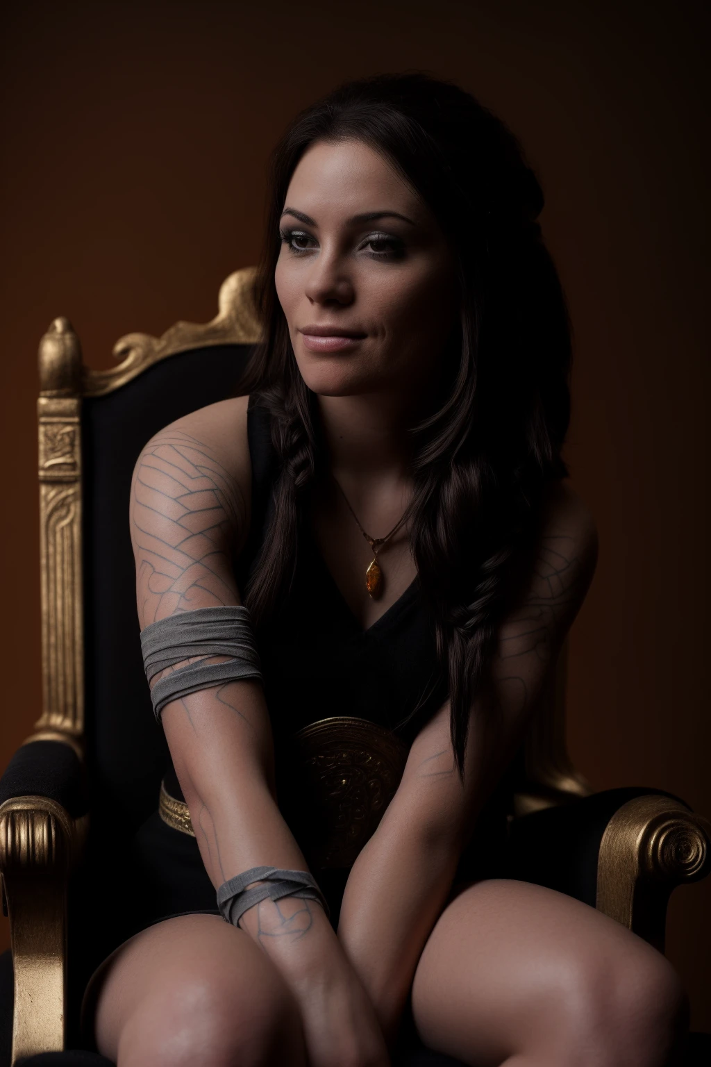 Best_QualityPos, RAW photo, intricate details, best quality, 8k uhd, soft lighting, 1girl, solo, gowfreya, bandages, bandaged arm, brown eyes, long hair, black hair, braid, tattoo, arm tattoo, sleeveless, brown dress, sitting, throne, crossed legs, looking at viewer, hand on own chin <lora:gowfreya:0.6> <lora:mouth_slider_v1:-3>