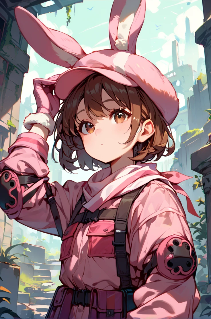 score_9, score_8_up, score_7_up, source_anime, 
ruins, post apocalyptic environment,
adjusting headwear, looking up, cowboy shot, close up, upper body,
<lora:llenn_autismConfetti_v01:0.95>llennbase, animal hat, pink headwear, brown hair, brown eyes, short hair, fur-trimmed gloves, pink jacket, long sleeves, pink pants,  rabbit hat, elbow pads,, zPDXL