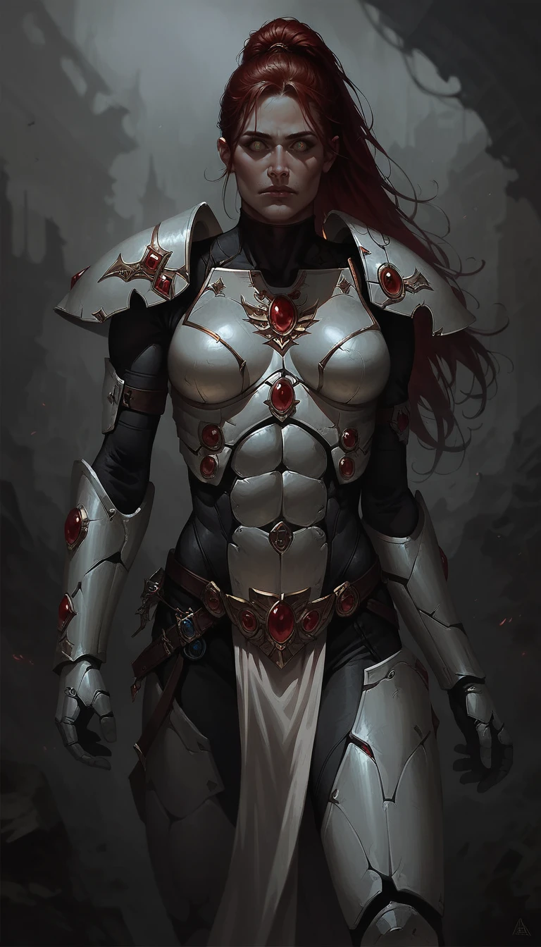 score_9, score_8_up, score_7_up, stubble,  1girl,  fit body, slim,  Aeldari armor, streamlined armor, full body armor, power armor, wh40k,  dynamic pose, white armor, gems, perfect face, detailed eyes, red hair, ponytail, 
<lora:Concept Art DarkSide Style LoRA_Pony XL v6:0.7> concept art, realistic, dark theme, low light,
 <lora:Aeldari_-_Eldar_armor_WH40K-000007:0.8>