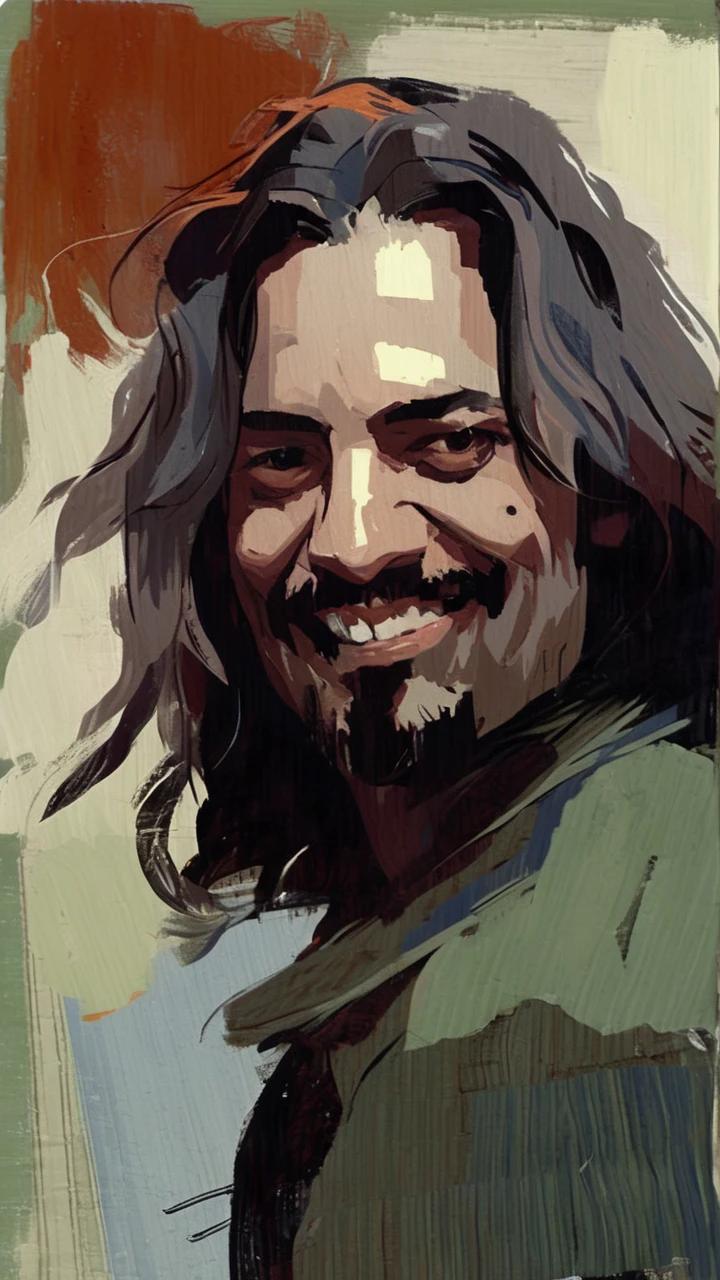 portrait of vinque, painting by xDElysium, medium long hair, lopsided arrogant and creepy smile, internal struggle, cynicism, arrogance, self-destruction, painterly style, expressionism, strokes rough, brushstrokes visible, rawness, viscerality, color pallete limited, dark and muted tones, somber and melancholic atmosphere, hand-painted backgrounds, oil painting, high contrast, dramatic lighting 