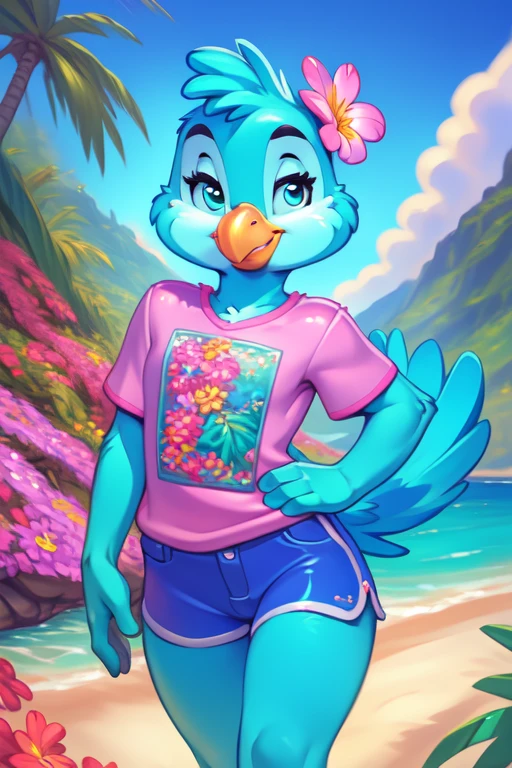 paco papagaio, t-shirt, shorts, flower in hair, beach, sea, ocean, sky, tropical, teal body,feathered tail, 
 <lora:Paco_Papagaio:0.8>, uploaded on e621, (detailed background, depth of field), (intricate:1.1), (high detail:1.2), (soft focus), (masterpiece, best quality, 4k, 2k, shaded, absurd res), by Chunie, by CyanCapsule, by Hallogreen