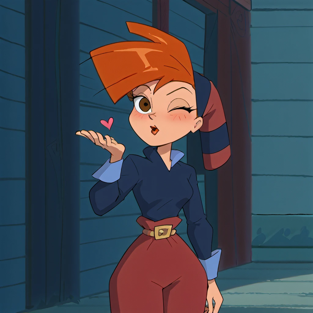 sc3mpi1, 1 girl, front face, standing, orange hair, brown eyes, make up, hat, belt, red pants, shirt, BLOWING KISS, K1SS3S, LOOKING AT VIEWER, ONE EYE CLOSED, BLUSH