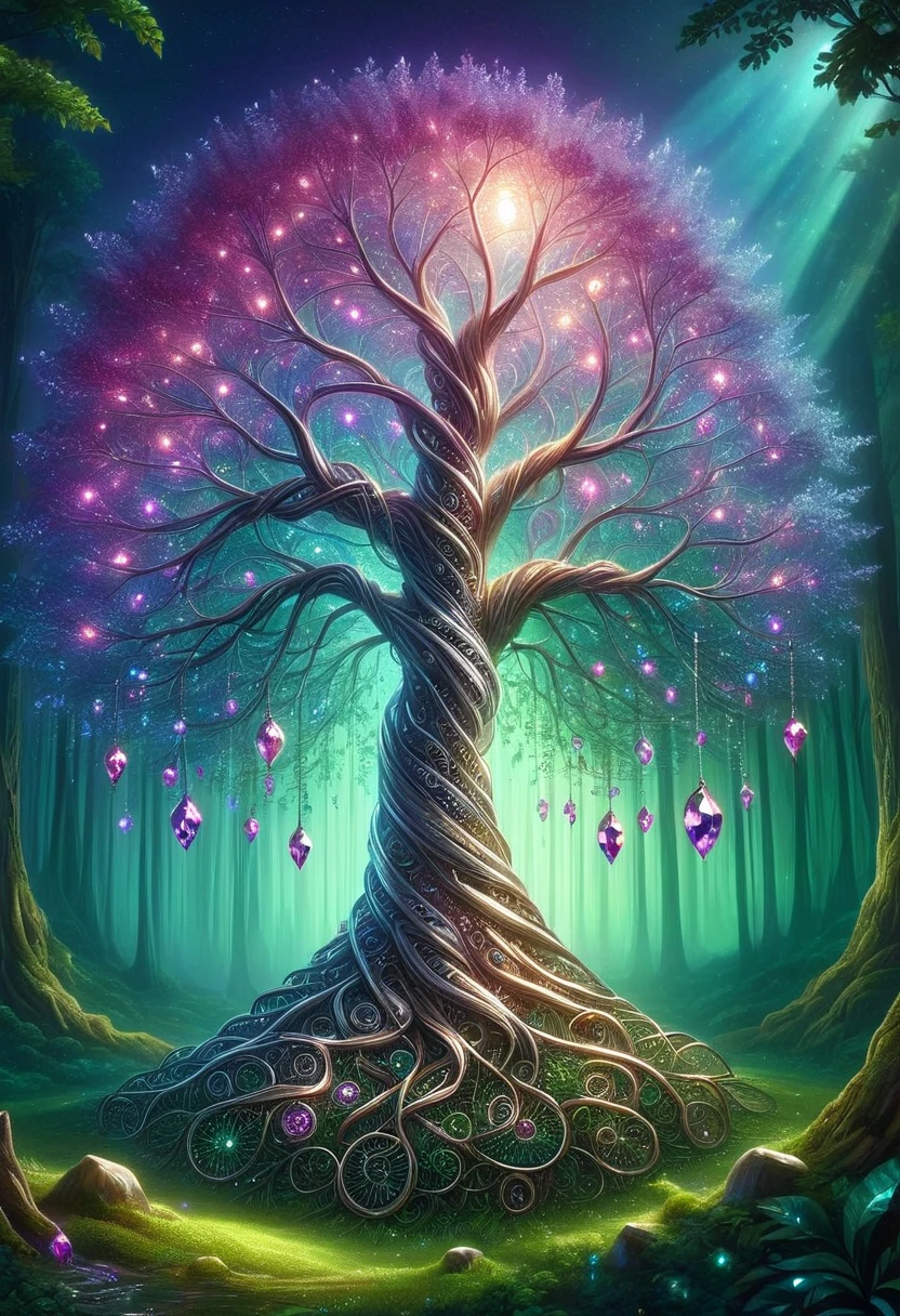 gemwiremorph, a giant tree in an enchanted forest, twinkling lights, nighttime