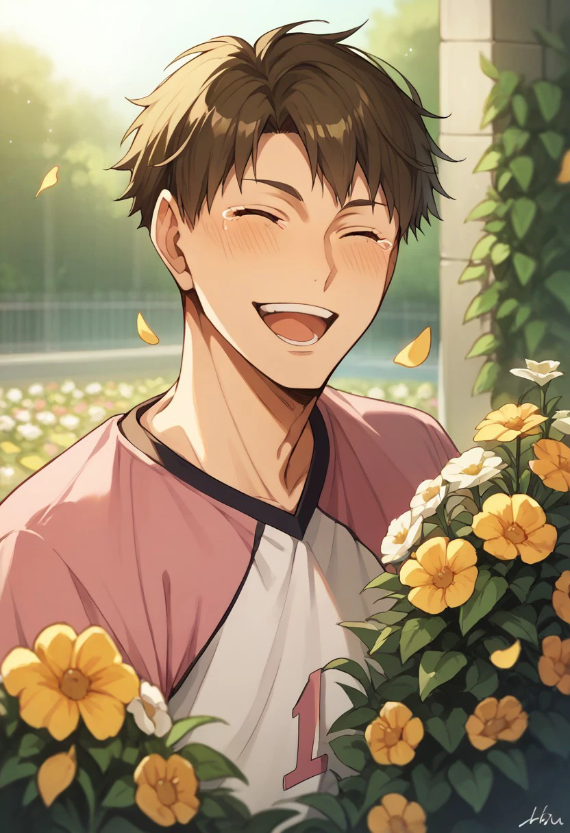 score_9, score_8_up, score_7_up, source_anime, rating_safe, flowers, Ushaikyu, 1boy, male focus, closed eyes, pink shirt, open mouth, wide smile, teeth, laughing, blushing, tears, blurry indoor garden, plants, yellow petals, warm lighting,