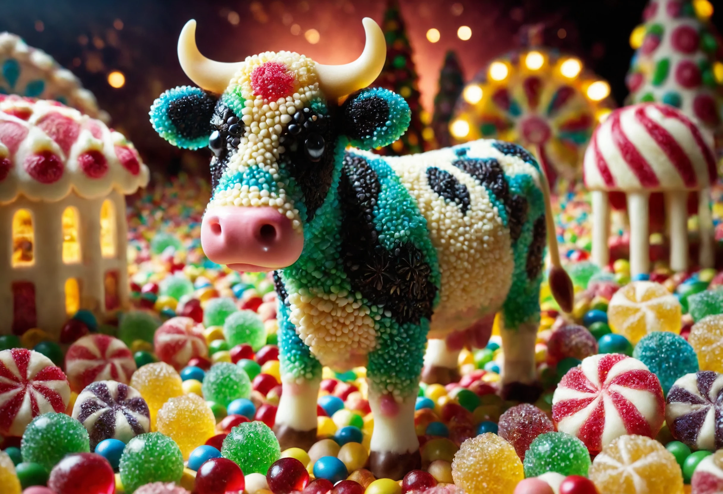 breathtaking detail gumdrop cow . award-winning, professional, highly detailed, cinematic photo  . 35mm photograph, film, bokeh, professional, 4k, highly detailed