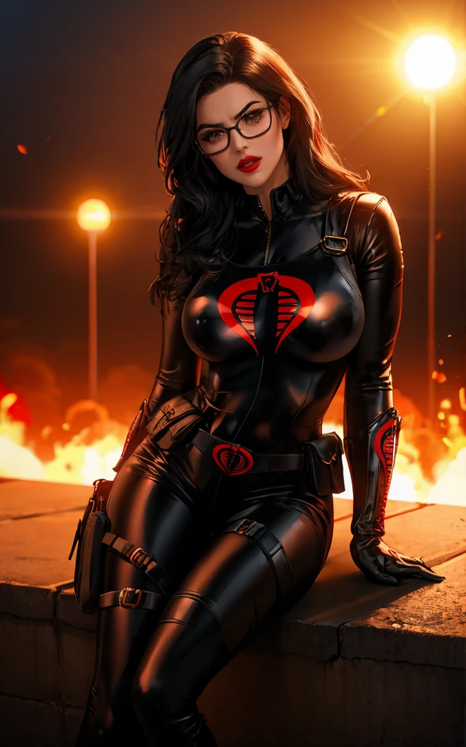 ((masterpiece, best quality)), insaneres, absurdres, solo,  vanishing point, 
BlackBodySuit_Baroness_ownwaifu,
1girl, black hair, glasses, long hair, lipstick, makeup, red lips, lips, large breasts, brown eyes, 
snake print, black bodysuit, animification, belt, black gloves, skin tight, holster, utility belt, belt pouch,
outdoors, lens flare, depth of field, bokeh, embers, looking at viewer,
(sitting, head tilt)<lora:CARTOON_GIJoe_Baroness_ownwaifu:1>,