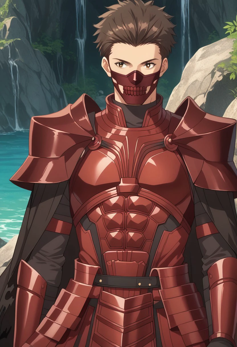 score_9, score_8_up, score_7_up, source_anime, rating_safe, rocks, Chromofuri, 1boy, male focus, anime screencap, 2nd design, red mouth mask, red breastplate, dark grey turtleneck, red pauldrons, red gauntlets, dark brown torn cape, red waist armor, dark grey gloves, sitting,