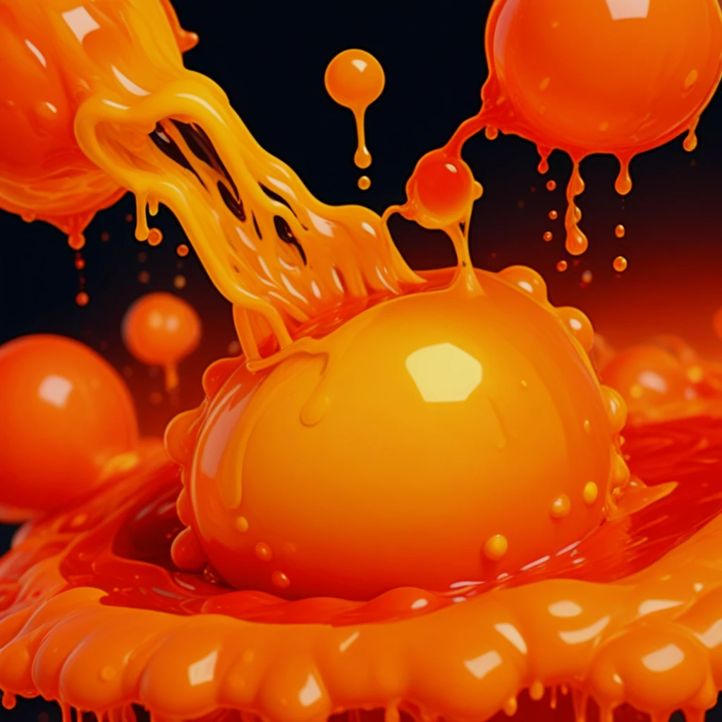 blurry, bubble, mezzoslime, yellow eyes, fire, closed eyes, orange theme, mezzomix, red theme, 1girl, gradient background, black background, slime, realistic, slime girl, melting, balloon, dripping, fire slime, fanta, burning, honey, yellow theme, orange slime, cola, from side, open mouth, solo