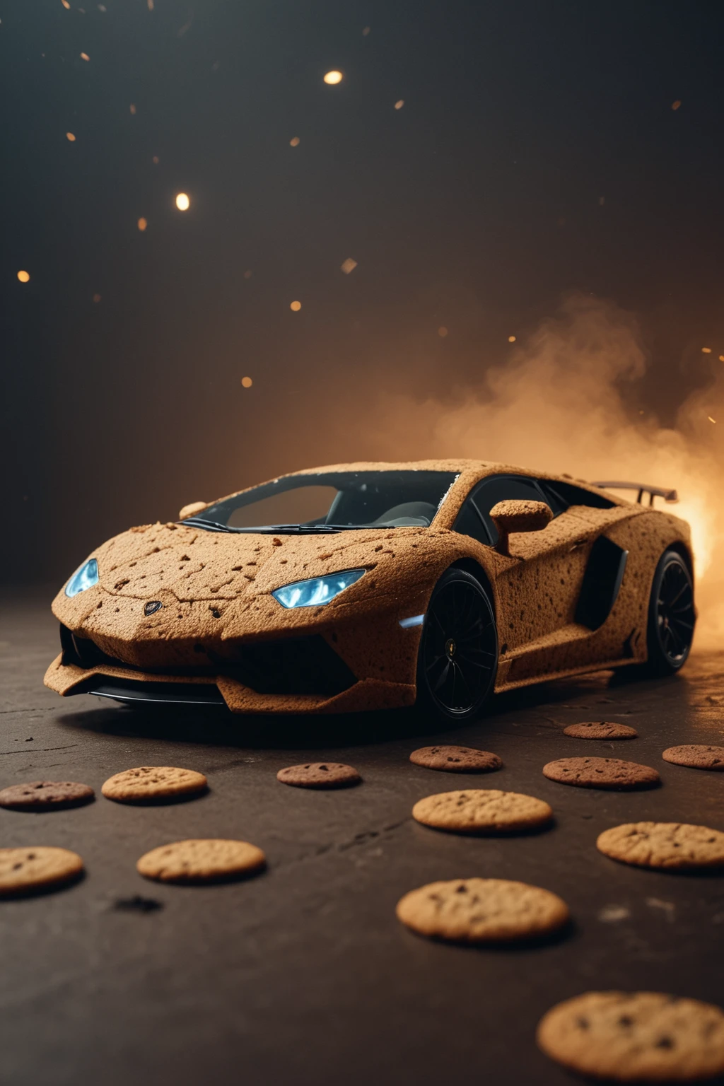 cinematic still a lamborghini aventador made out of Chocolate Chip Cookies, high speed autobahn <lora:Chocolate_Chip_Cookies:1> . emotional, harmonious, vignette, highly detailed, high budget, bokeh, cinemascope, moody, epic, gorgeous, film grain, grainy