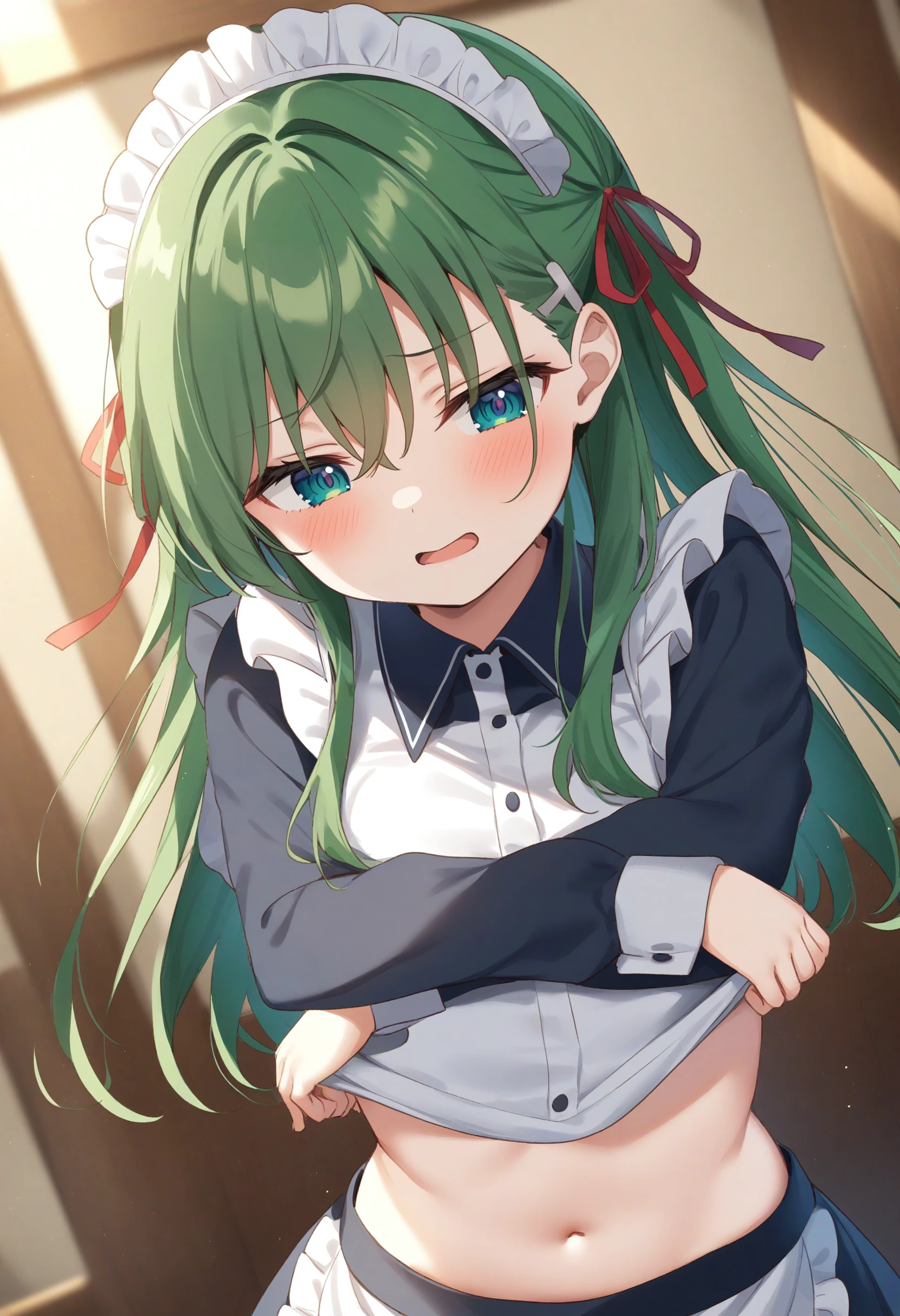 1girl,sincos, ningen mame, toosaka asagi,solo,medium breasts,20yo,maid,maid headdress,
skirt, navel, blush, undressing, shirt lift, clothes lift, lifted by self, crossed arms,
from above, upper body, looking down, green hair, gray eyes,archaic smile, in chapel, open mouth, ringlets hair,,
best quality, very aesthetic, absurdres <lora:undressing_XL_v1:0.8>