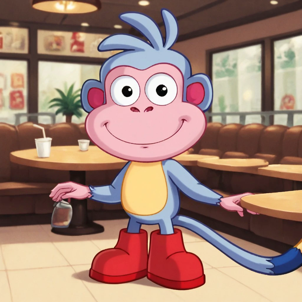 score_9, score_8_up, score_7_up, BREAK, solo, mnky_bts, furry, monkey, red boots, tail, smile, restaurant,