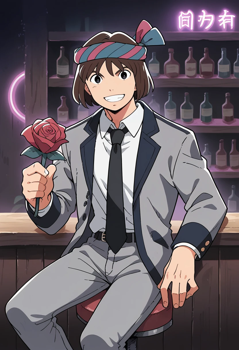 score_9, score_8_up, score_7_up, score_6_up, BREAK levant,official art, 1boy, brown hair, solo, black eyes, short hair, blue headband, sitting,grey suit, grey jacket, grey pants, black necktie,white collared shirt,holding rose,, bar, shelf, purple neon lights,night,smile,long necktie,standing, purple lights,long sleeves,hand up,rose,open jacket,looking at viewer,open clothes, grin,indoors,bar stool, (from side:0.7)        <lora:Levant:1>