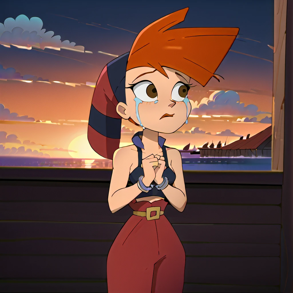 sc3mpi1, 1 girl, front face, standing, orange hair, brown eyes, make up, hat, belt, red pants, topless, sexy bra, handcuffs, cuffs, crying, sad expression, pirate island background, sunset light, sunset (good_hands:1.1)