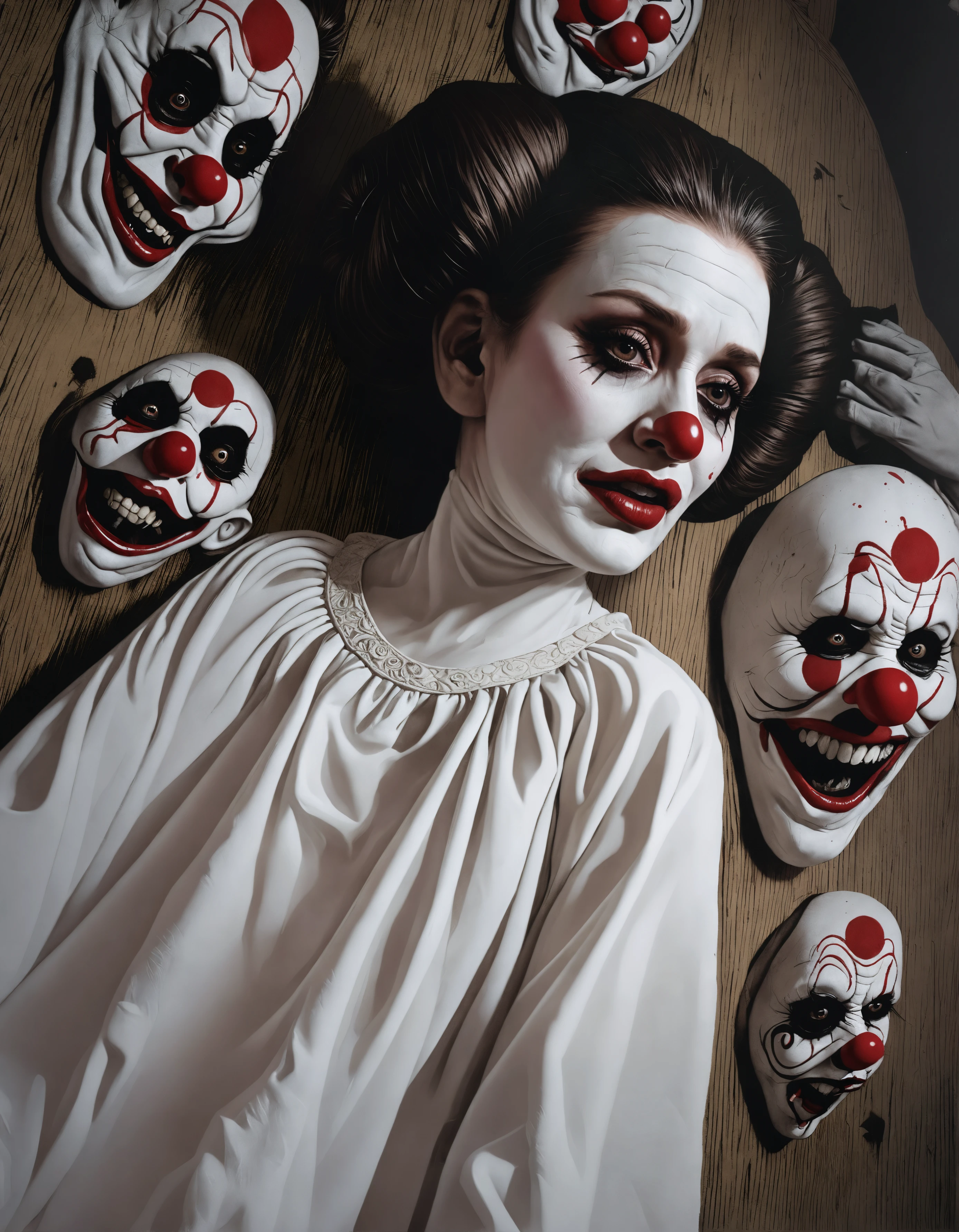 score_9, score_8_up, score_7_up, score_6_up, score_5_up, score_4_up,  
source: illustration,surrealism,
Princess Leia Organa as a Horror clown,wearing a white dress, brown hair, clown makeup, at a sleeping room, horror house, zombie