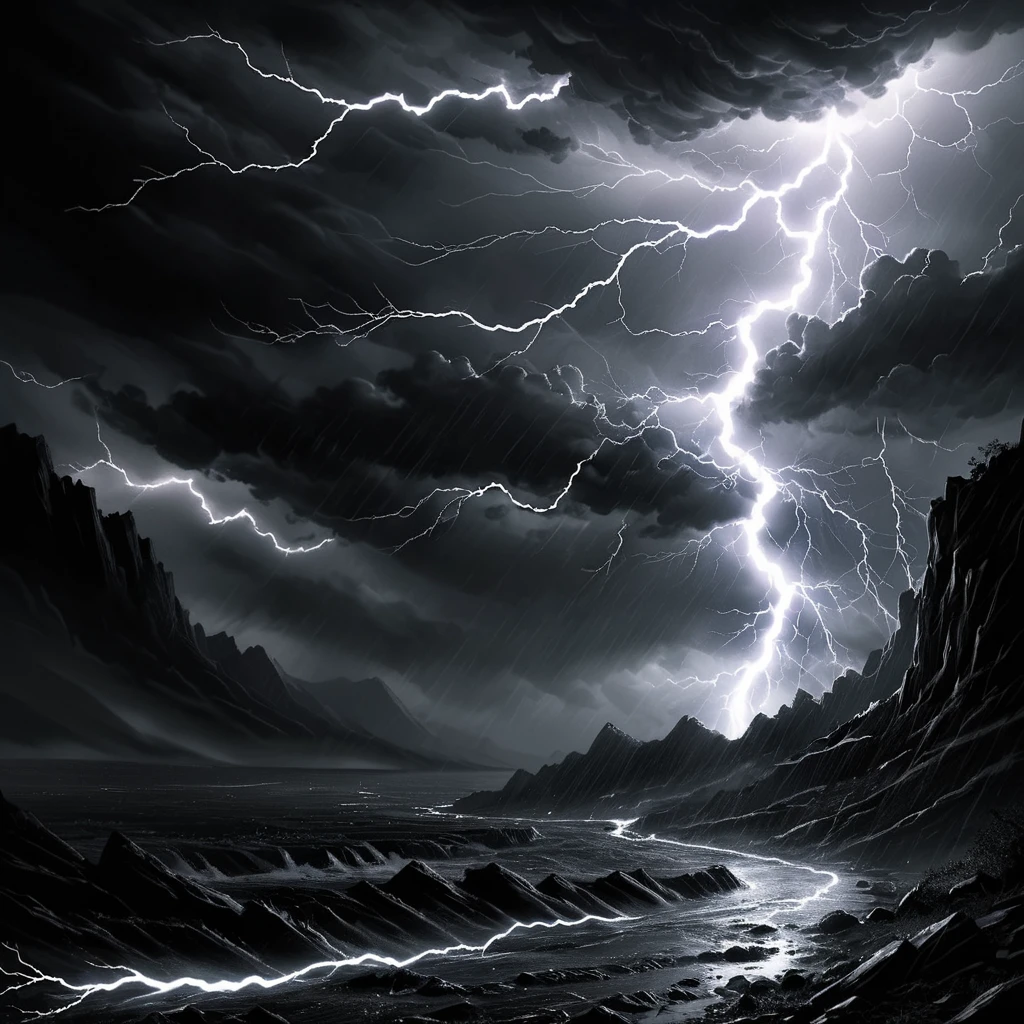 masterpiece, best quality,  <lora:add-detail-xl:1> <lora:ArsMorph_-_World_of_Darkness_SDXL_Pony:0.8> ArsWorldOfDarkness A storm in the world of darkness, lightning represented by brief negative flashes of lighter space. Rain falls as streams of glistening, deeper darkness.