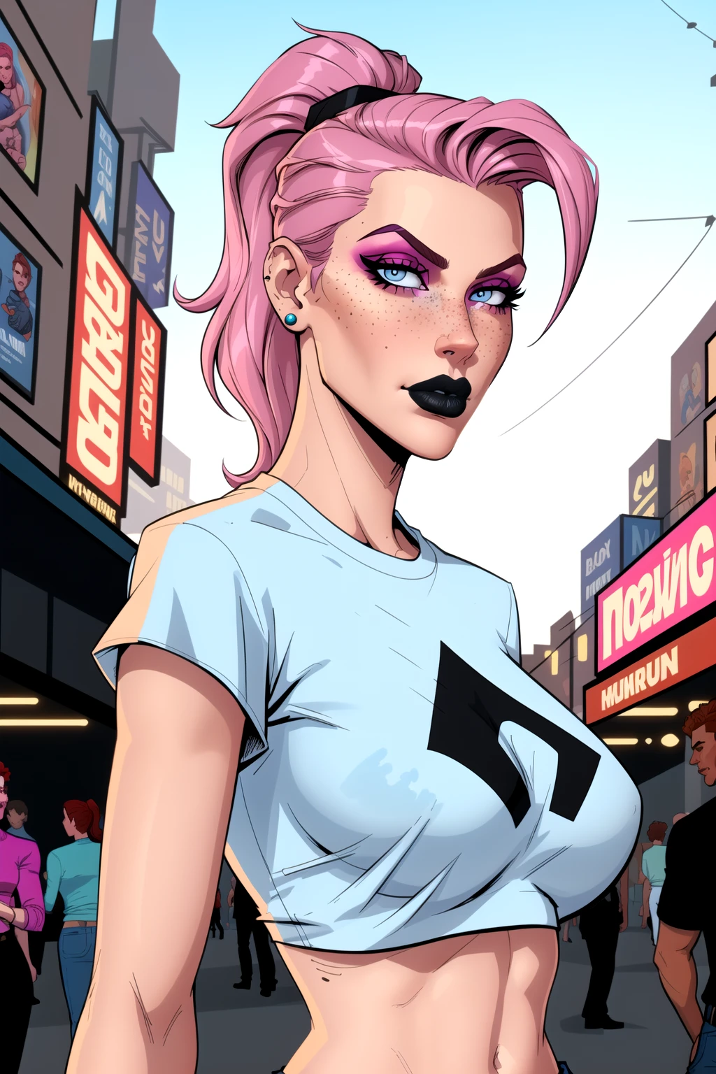 Close up of an adult supermodel woman face, at a busy cluttered (crowded city street) background, detailed background, daytime, smoky pale blue [lazy :0.2]eyes, detailed short burnt pink hair with ponytail, shaved sides haircut, freckles, blushing, (smouldering pouting expression), single eyebrow raised, eye shadow, black lipstick, pierced eyebrow, (big tits), wearing a (loose (graphic tshirt) crop top), detailed cloth folds, looking to the side, comic book style, flat colors, intricate comic book outline linework, sexy angular superheroine face