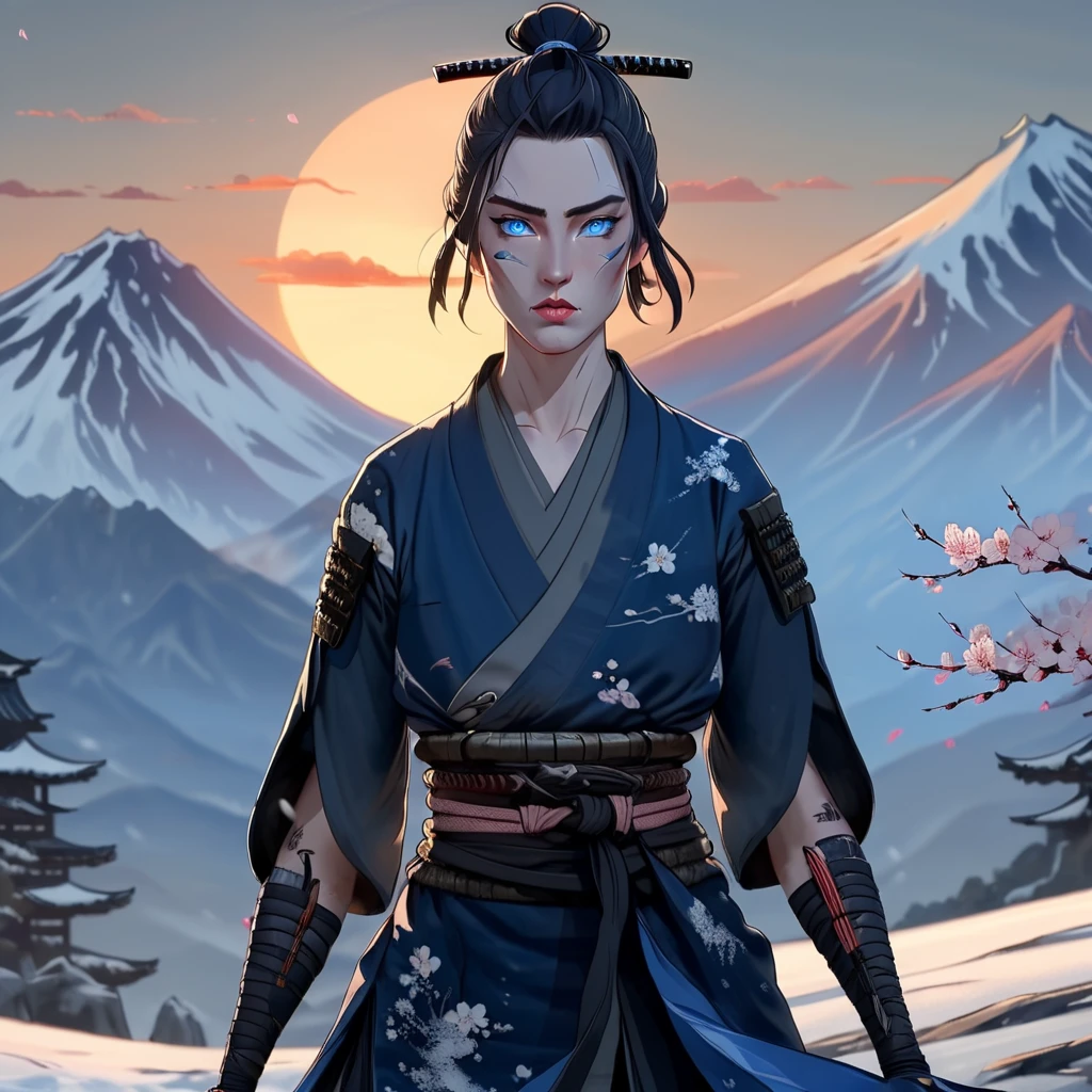 masterpiece, best quality,  <lora:add-detail-xl:1> <lora:ArsMJStyleSDXL_-_AnimeC:1> A stoic female samurai with piercing blue eyes, standing atop a snow-covered mountain peak at dawn. Her indigo kimono and armor gleam in the rising sun, katana drawn and ready. Cherry blossoms swirl in the wind around her, contrasting with the rugged landscape.