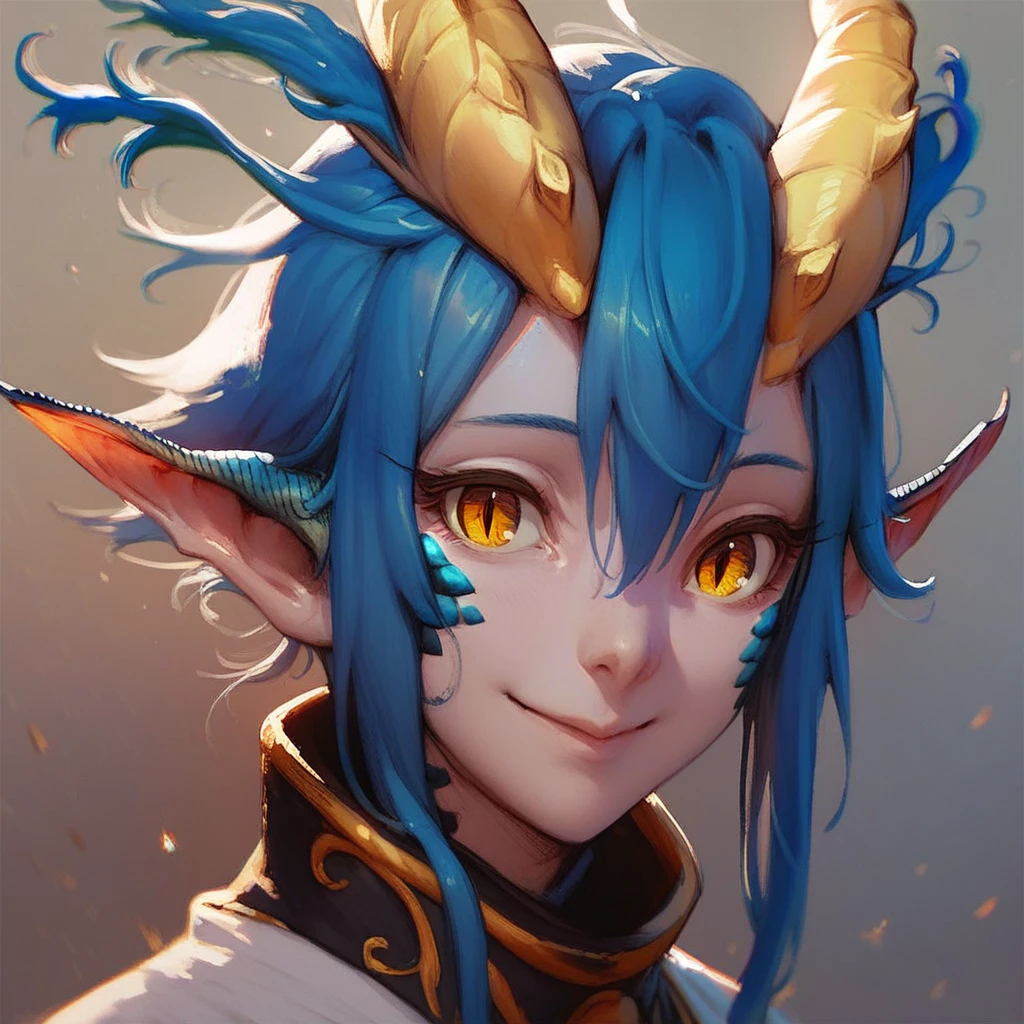 score_9, score_8_up, score_7_up, score_6_up, Skadi-Dragenfelt, Dragonoid, 1girl, solo, looking at viewer, smile, blue hair, horns, pointy ears, portrait, sensitive